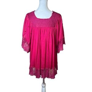 Badgley Mischka American Glam Boho Y2K Pink Tunic Top Sz S Bell Sleeve Lace Hem